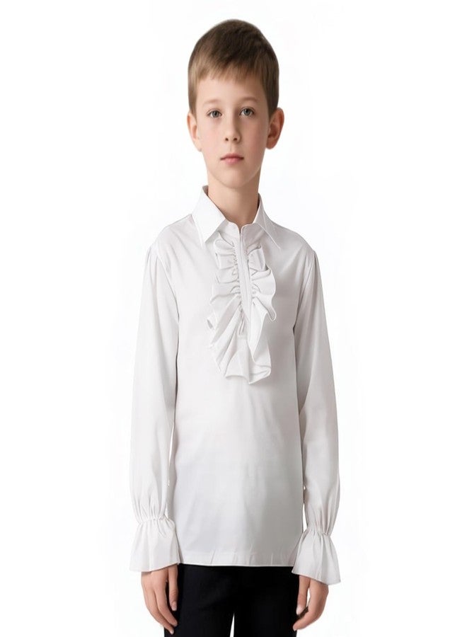 VZQI Boys Medieval Ruffled Long Sleeve Shirt Renaissance Costume Top for Kids Halloween Pirate Scottish Jacobite Short Tunic White 3'9''-4'3'' - Image 1